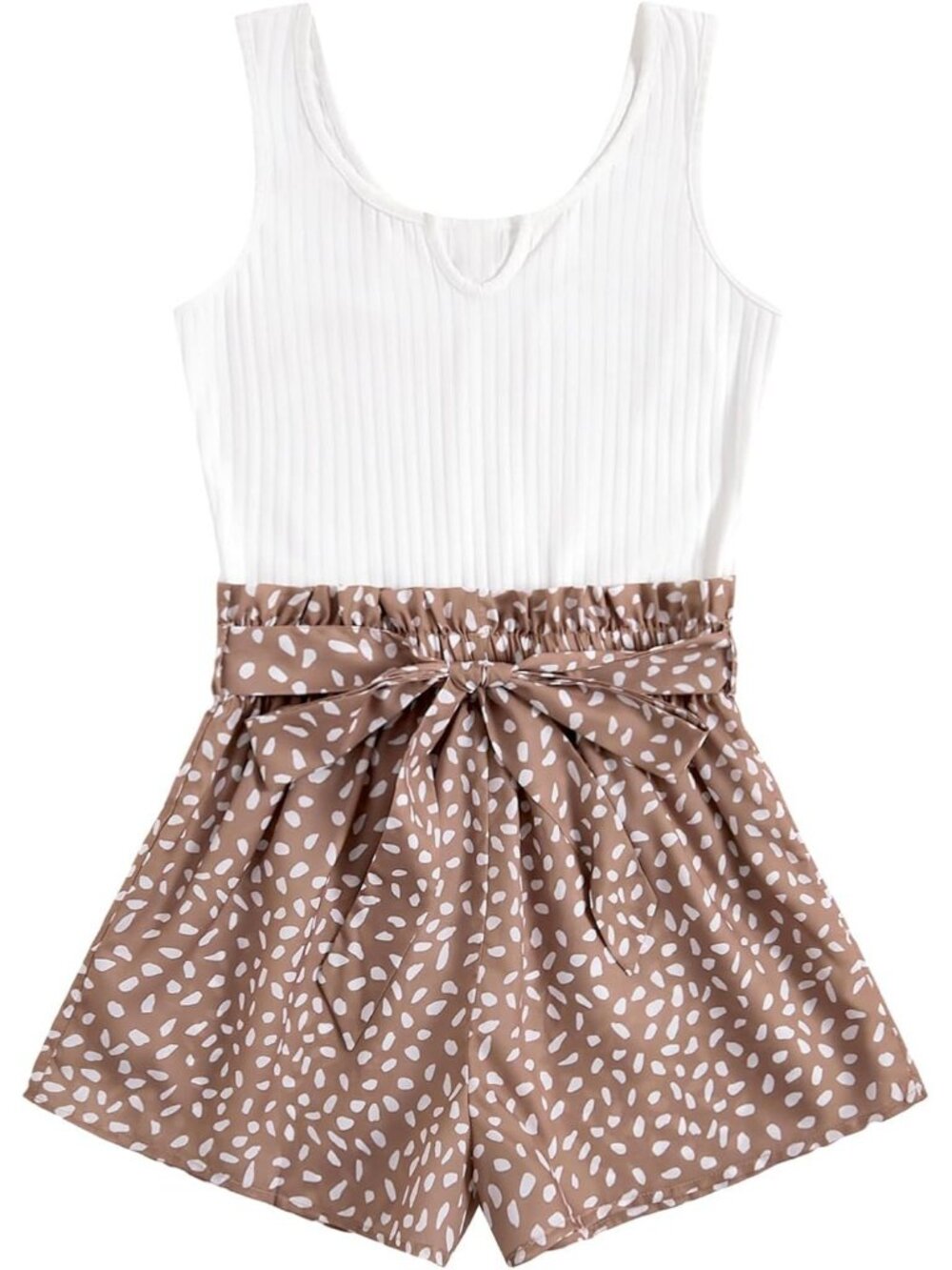 Women's Coffee Brown Summer Sleeveless Belted Tank Short Polyester Romper